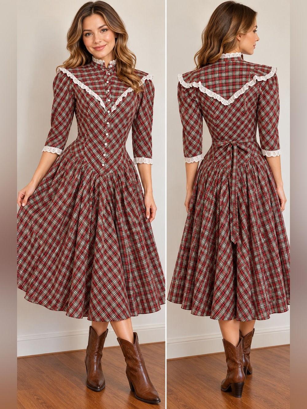 Vintage 1970s Algo-Ettes Plaid Prairie Dress Small Lace Trim Western